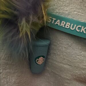 Starbucks Teal Cup Keychain with Colorful Pom Pom